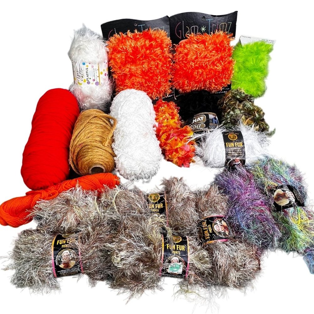 Huge Lot Eyelash Yarns Fun Fur Trim 19 Packs Roll Skein Black White Orange Multi